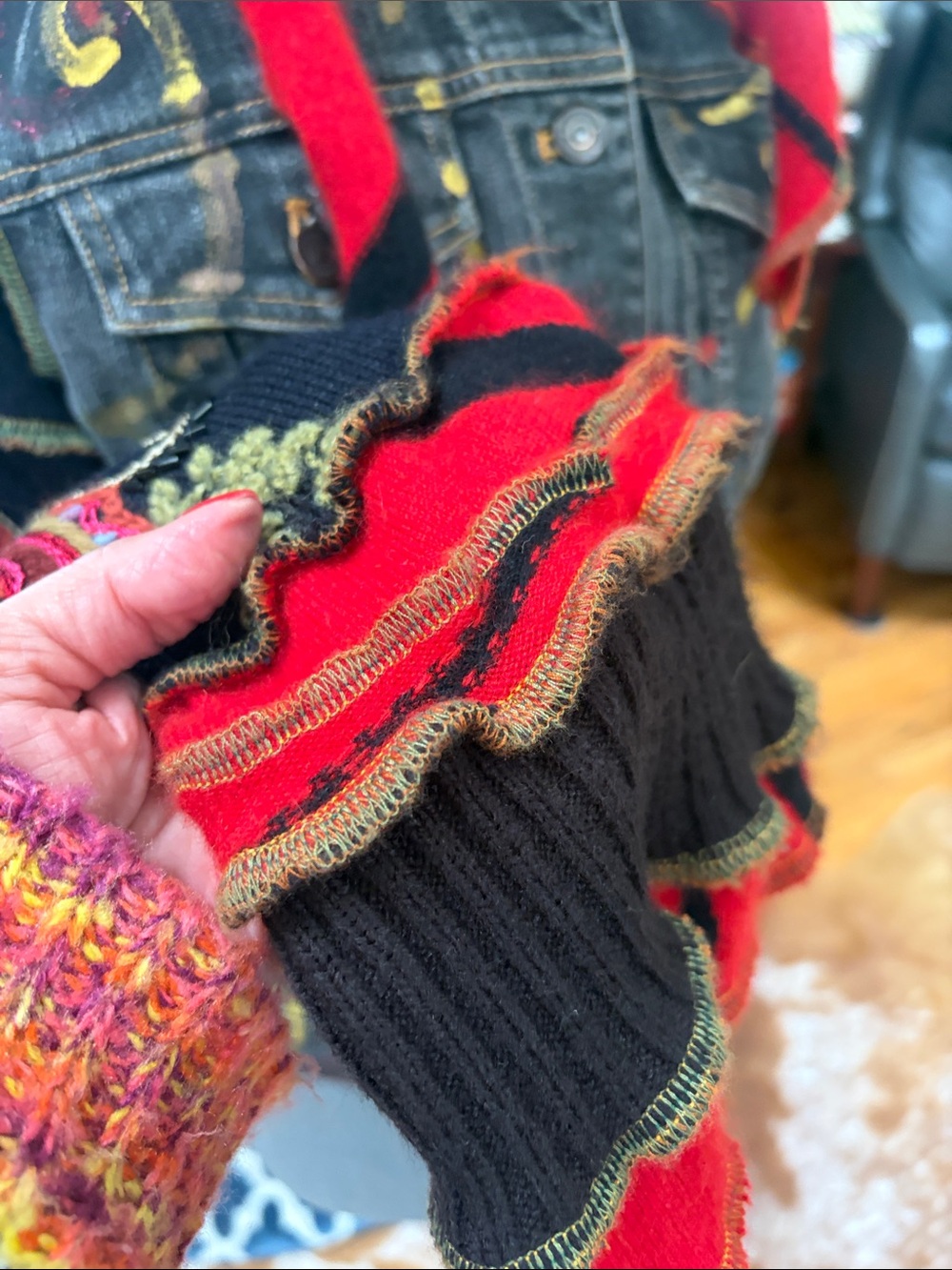 Women's Black Washed Denim Jacket with Red & Gold Embroidered Accents - Picture 4 of 6